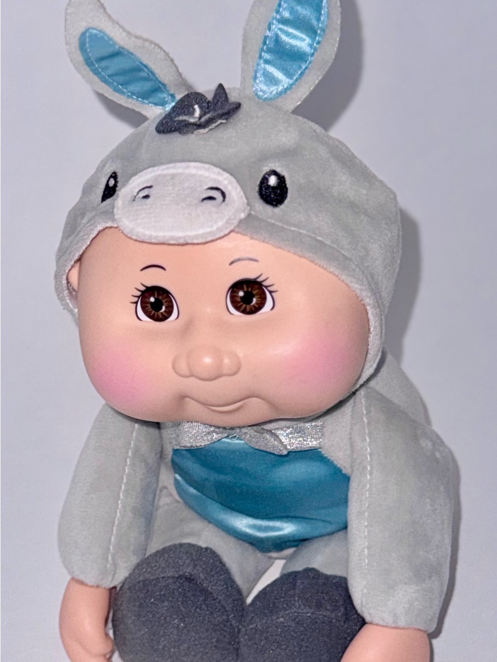 Grey Donkey Plush Baby Doll - Soft Grey and Blue Costume